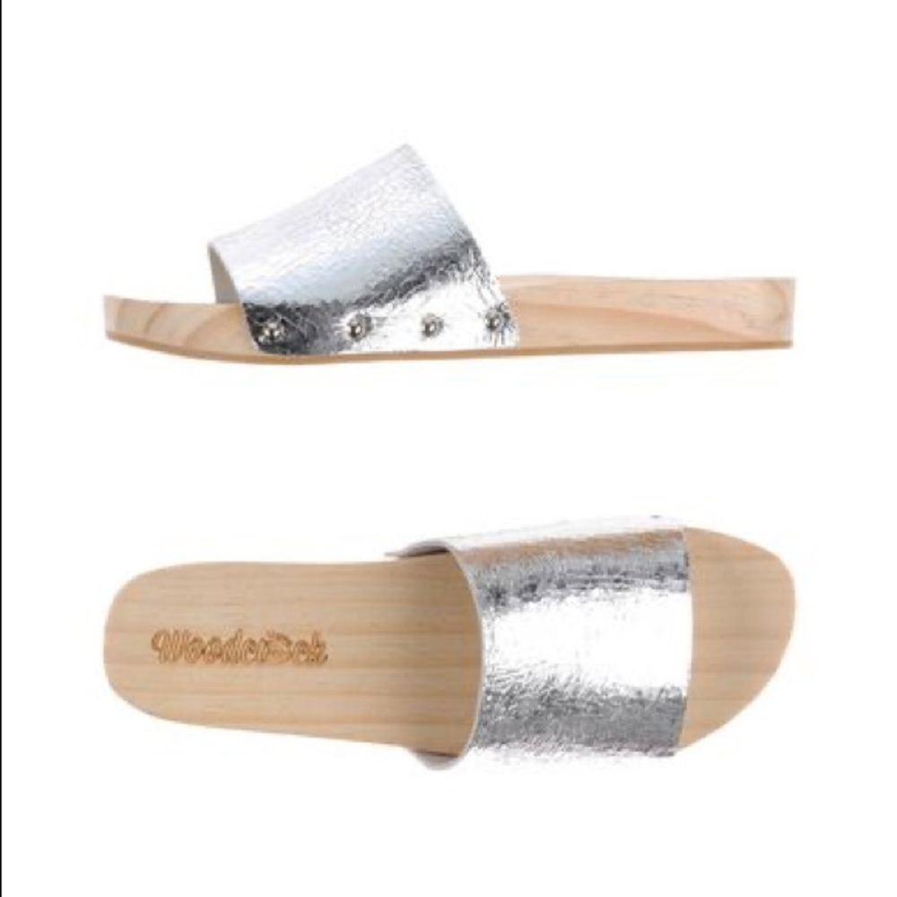 NWOT WOODCIOCK Silver Wooden Slides size 6